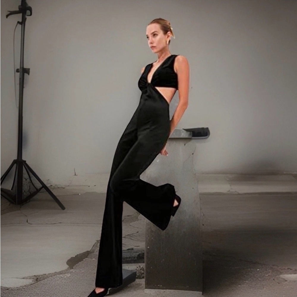 Black Deep V-Neck Flared Legs Cutout Boss Jumpsuit